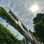 Edifício coberto de plantas verdes, representando soluções para ilhas de calor urbanas